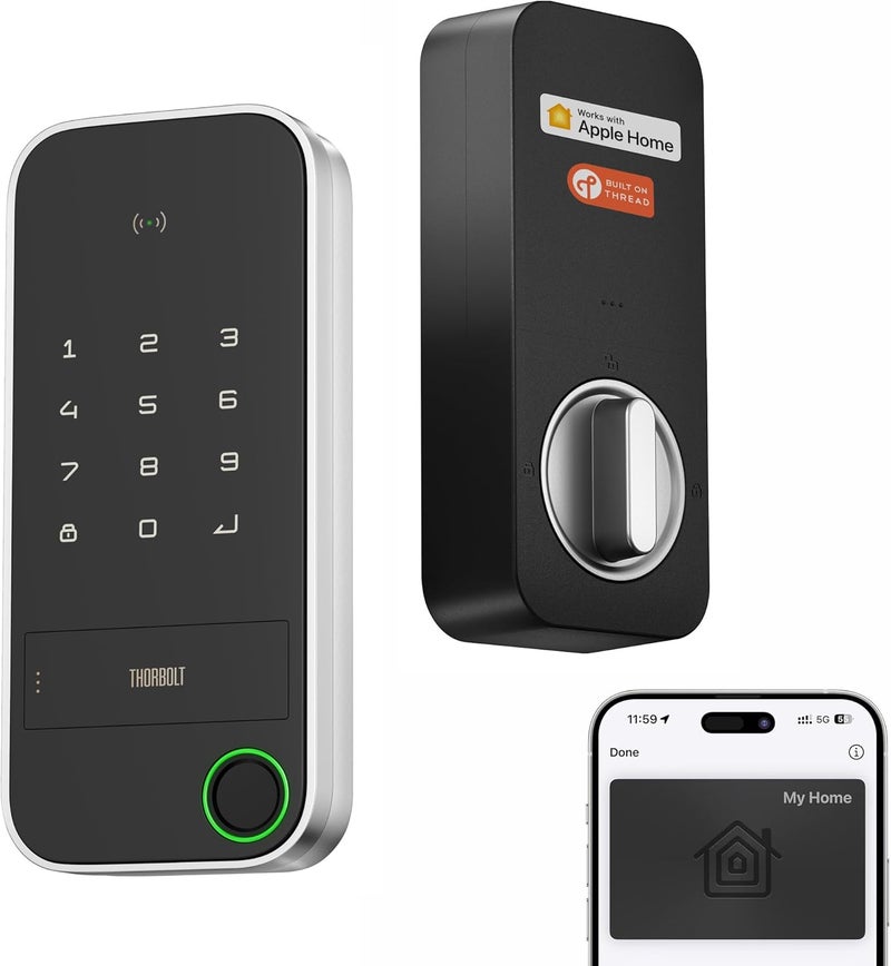 ThorBolt قفل باب هوم كيت بدون مفتاح من آبل X1 مع خاصية فتح القفل باللمس، متوافق مع iOS فقط، قفل باب بمفتاح رقمي يعمل مع هوم كيت عبر ثريد (يتطلب جهاز توجيه حدودي)، مقاوم للعوامل الجوية IP65، فضي - Image 1